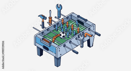 Foosball table with tools, implying repair or construction of a game