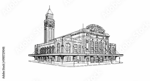 Elaborate historic building with clock tower and arched windows, ink sketch
