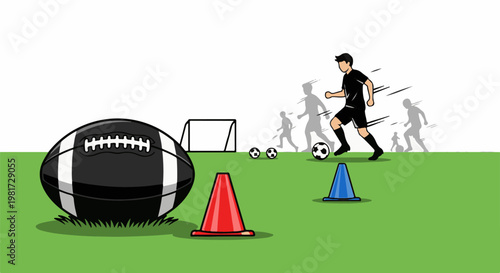 Football and soccer players training on a green field with cones and goal
