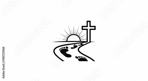 Footprints lead path to sunrise and cross