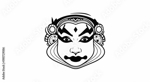 Elaborate black and white drawing of a traditional performing arts mask
