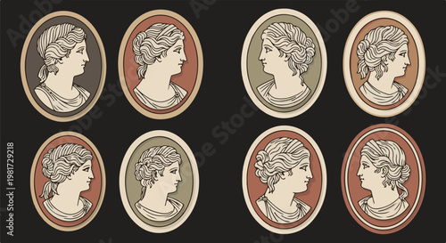 Eight oval cameos depicting classical style portraits of women in profile, in muted colors