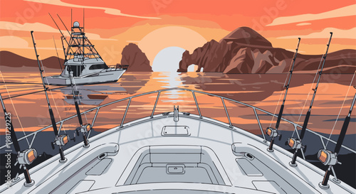 Fishing boat navigates tranquil waters at sunset, with rugged coastal mountains