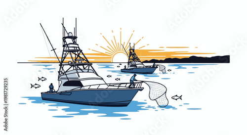 Fishing boats at sunrise, fishermen using nets, ocean, sun, mountains