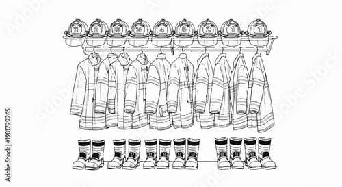 Firefighter gear lined up helmets, jackets, and boots