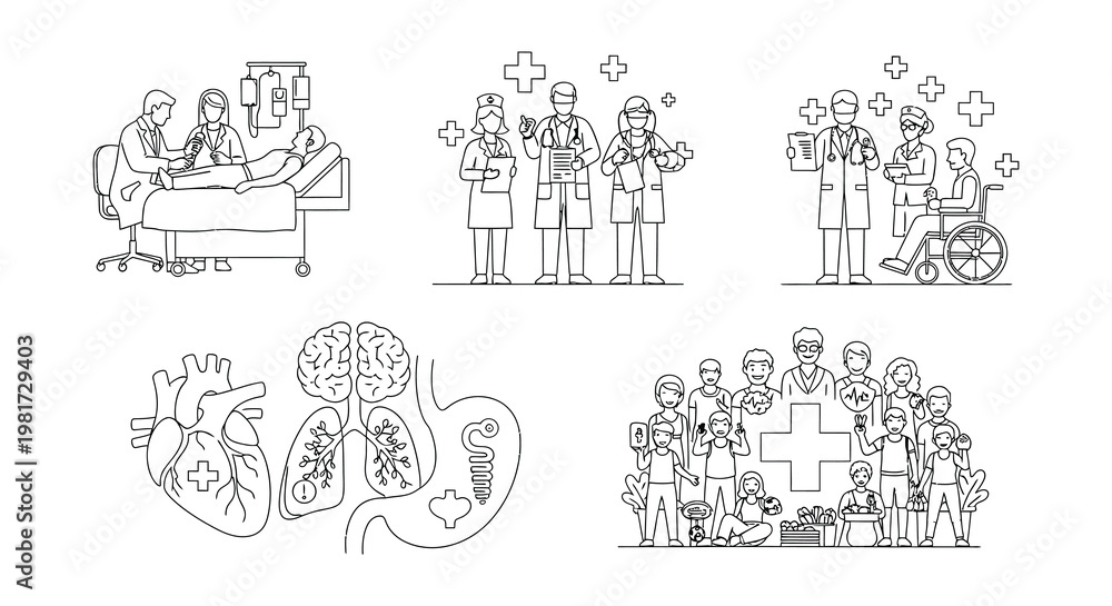Naklejka premium Healthcare professionals attending to patients and medical organ illustrations