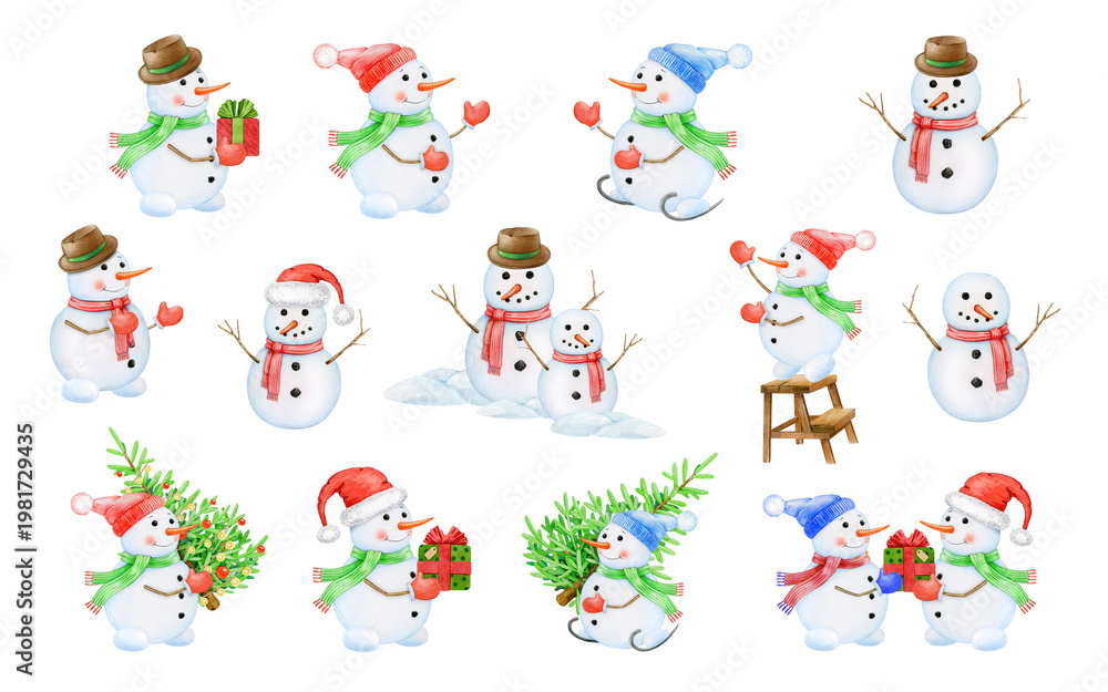 Naklejka premium Snowman clipart set watercolor illustration with cute winter characters gifts tree, Christmas card printable and kids decor design, festive collection, isolated on transparent background.