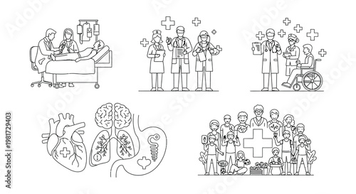 Healthcare professionals attending to patients and medical organ illustrations