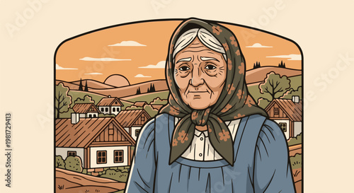 Elder woman in headscarf, with rural village landscape behind
