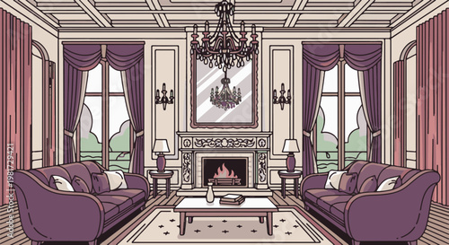 Elegant living room with fireplace, chandeliers, sofas, and bay windows