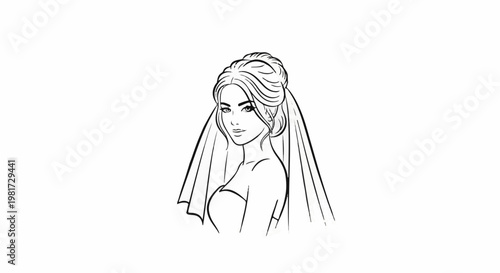 Elegant line art sketch of a bride in a veil