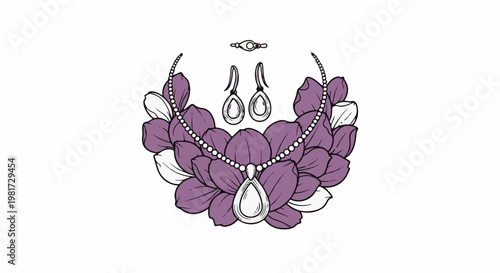 Elegant jewelry set with pear pendant necklace, earrings, and ring amidst purple petals