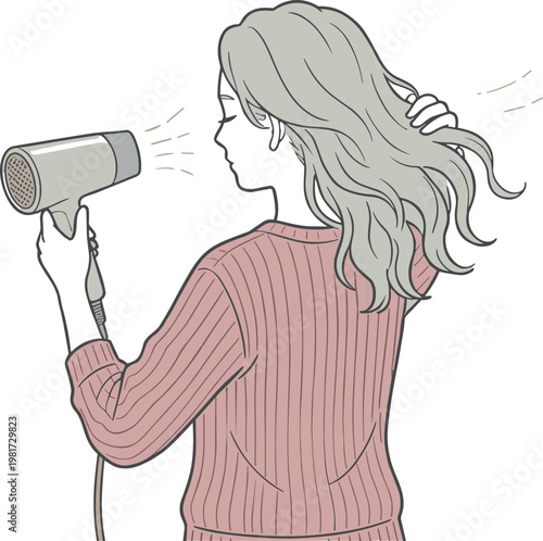 ドライヤーで髪を乾かす女性のイラスト（ヘアケア・美容・日常生活）