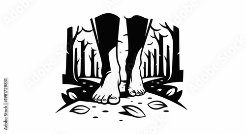 Feet stepping onto a path through a forest of bare trees