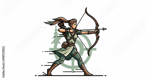 Female archer aims with bow and arrow, a stylized forest backdrop