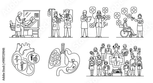 Healthcare professionals attending to patients and medical organ illustrations