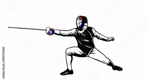 Fencer in action with foil, wearing mask and protective gear