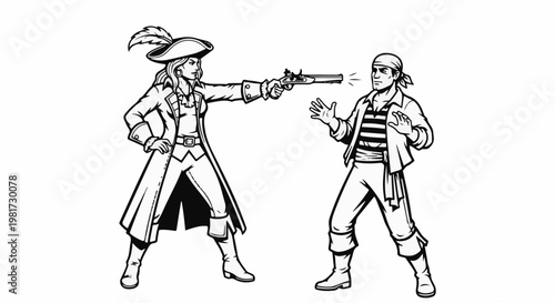 Female pirate aims pistol at male pirate with hands raised in surrender