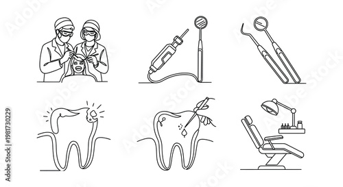 Dental care illustration featuring dentists tools and teeth imagery