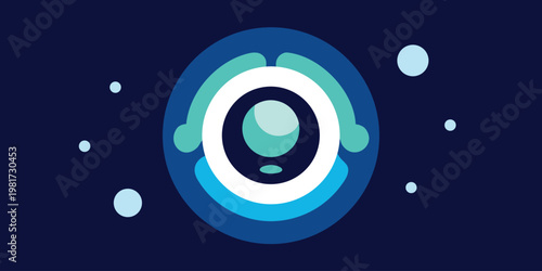 Teal and blue circle with white center and dots on dark blue background