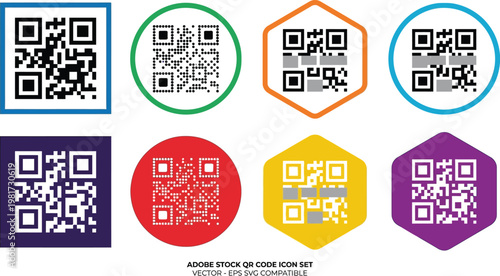 QR codes displayed in various colorful geometric shapes provide a versatile set of digital icons for modern branding and scannable interface designs.