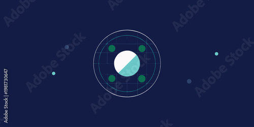 A 3D digital illustration of a round water drop on a green backdrop featuring a blue lens flare and a circular vector symbol for web design