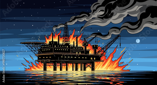 Offshore oil rig explosion at night, burning platform, disaster at sea, industrial accident