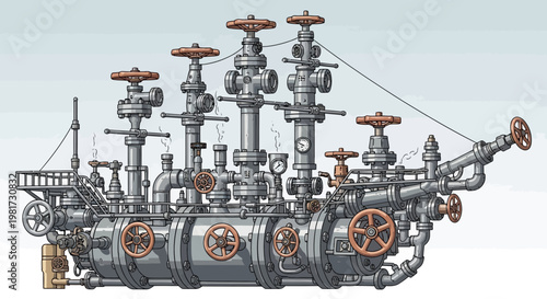 Intricate Industrial Pipeline System, Steampunk Ship Design, Complex Valves and Gauges