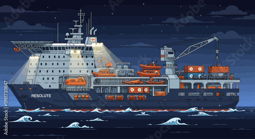 Pixel Art Icebreaker Ship Resolute at Night with Cargo Operations