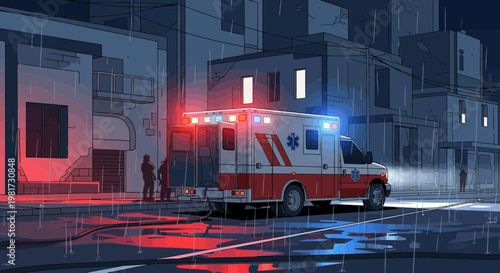 Fotografie Ambulance with flashing lights in rainy city street at night, emergency response concept
