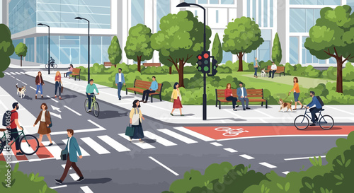 Urban park scene with diverse people enjoying city life, cycling, and walking dogs.