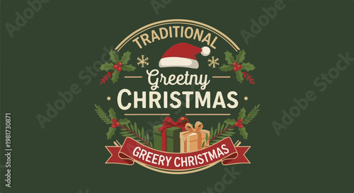 Festive circular emblem with Santa hat, holly, and gift boxes