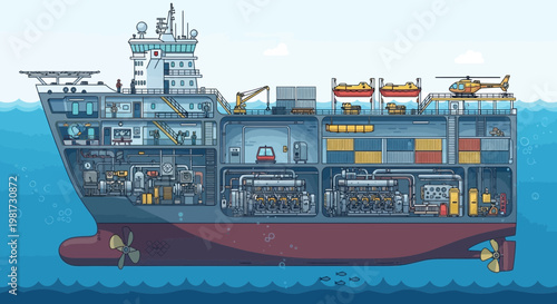 Cross-section of a large cargo ship showing internal structure, engine room, and cargo hold