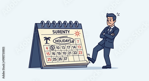 Frustrated businessman kicks a calendar marked with holidays and overdue dates