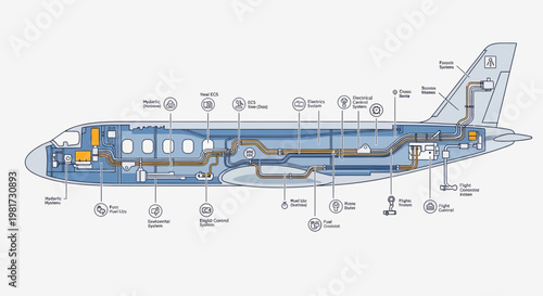 Airplane Internal Systems Schematic: A Cutaway View Showing Electrical, Fuel, and Air Systems