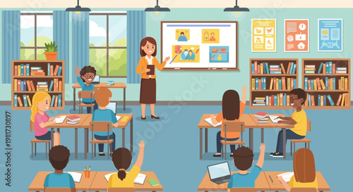 Diverse students in modern classroom with teacher at whiteboard, learning and engagement