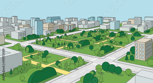 Urban green space with modern buildings and park pathways