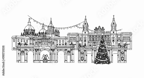 Festive city skyline with decorated Christmas tree and lights