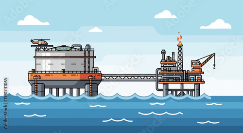 Offshore Oil Rig Platform with Helicopter and Crane in the Ocean