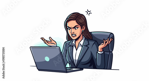 Frustrated businesswoman expressing anger and confusion at her laptop screen