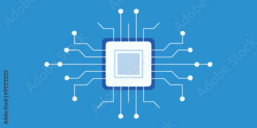 Blue background with white and light blue microchip circuit board