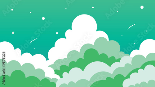 Green clouds on teal background with white dots