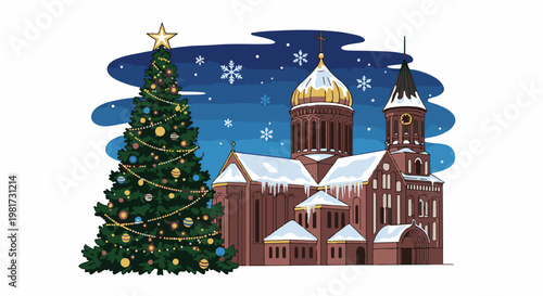 Festive decorated evergreen tree stands by a snow-capped, domed church under a starry sky
