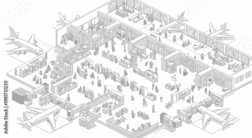 Isometric Airport Terminal with Airplanes, Passengers, and Luggage - Line Art