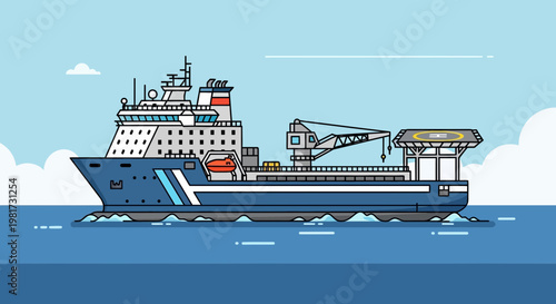 Modern research vessel with helideck and crane sailing on the sea, flat design illustration