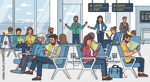 People waiting in airport lounge, checking phones, reading, with flight information screens and airplane visible