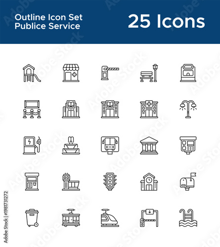 Public service outline icon set for government service UI. Civic services and public facility line icons