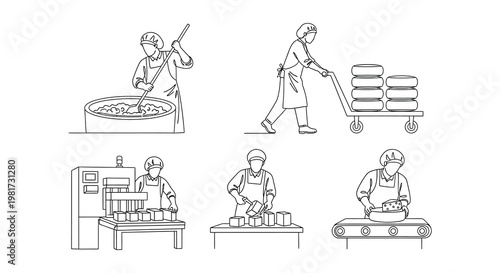 Line art illustration of factory workers performing various food production tasks