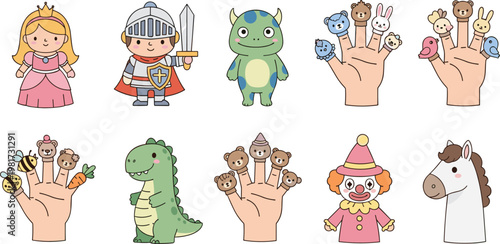 Fairy tale character collection with princess knight dragon unicorn and puppet hands, cute fantasy cartoon set for kids storytelling illustration