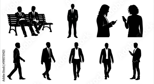 Silhouettes of people in various poses and activities, including sitting, standing, walking, and using a mobile phone, on a transparent background